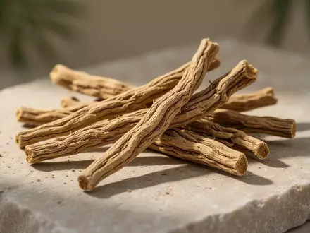 Getrocknete Ashwagandha-Wurzeln auf einem hellen Steinuntergrund in natürlichem Licht. - Foto: über boerse-global.de