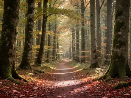 Ein ruhiger, von Sonnenlicht durchfluteter Waldweg mit moosbewachsenen Bäumen und herbstlichem Laub am Boden. - Foto: über boerse-global.de