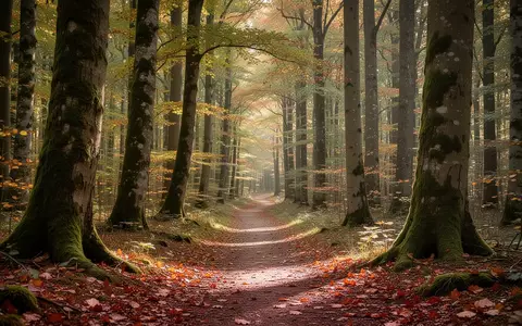 Ein ruhiger, von Sonnenlicht durchfluteter Waldweg mit moosbewachsenen Bäumen und herbstlichem Laub am Boden. - Foto: über boerse-global.de