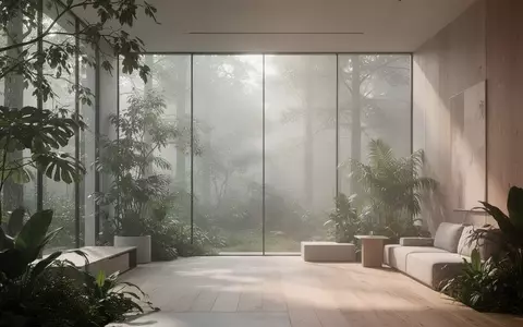 Ein minimalistischer Innenraum mit üppigen Zimmerpflanzen und großen Fenstern mit Blick auf einen nebligen Wald. - Foto: über boerse-global.de