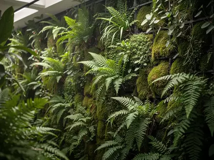 Eine üppig bepflanzte vertikale Gartenwand in einem Innenraum mit Fokus auf natürliche Texturen und Blattstrukturen. - Foto: über boerse-global.de