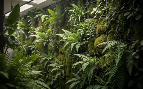 Eine üppig bepflanzte vertikale Gartenwand in einem Innenraum mit Fokus auf natürliche Texturen und Blattstrukturen. - Foto: über boerse-global.de