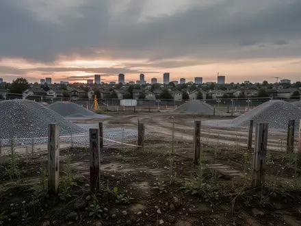 Ein unerschlossenes Baugrundstück mit Kieshaufen und Vermessungspfählen vor einem bewölkten Abendhimmel. - Foto: über boerse-global.de