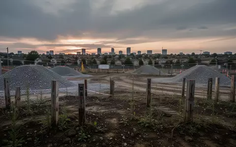 Ein unerschlossenes Baugrundstück mit Kieshaufen und Vermessungspfählen vor einem bewölkten Abendhimmel. - Foto: über boerse-global.de