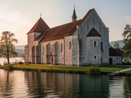 Historische Steinarchitektur und ruhige Außenanlagen des Klosters Frauenwörth auf der Fraueninsel im Chiemsee. - Foto: über boerse-global.de