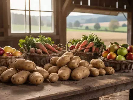 Eine Auswahl frischer Kartoffeln, Obst und Gemüse in Weidenkörben auf einem rustikalen Holztisch in einer Scheune. - Foto: über boerse-global.de