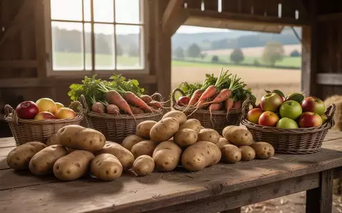 Eine Auswahl frischer Kartoffeln, Obst und Gemüse in Weidenkörben auf einem rustikalen Holztisch in einer Scheune. - Foto: über boerse-global.de