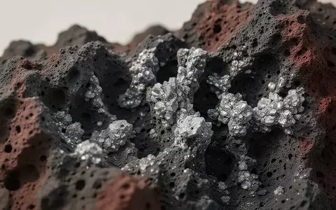 Nahaufnahme der porösen Textur eines grauen Vulkanminerals mit tiefen Strukturen und natürlichen Oberflächen. - Foto: über boerse-global.de