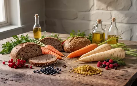 Frische nordische Lebensmittel wie Wurzelgemüse, Beeren und Vollkornbrot auf einem rustikalen Holztisch. - Foto: über boerse-global.de