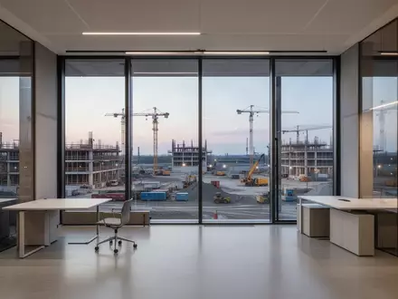 Ein minimalistisches Ingenieurbüro mit Blick auf eine Baustelle bei Dämmerung. - Foto: über boerse-global.de