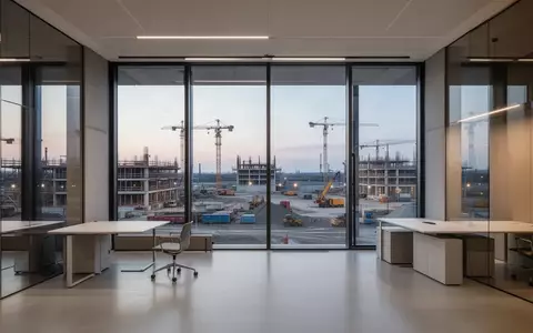 Ein minimalistisches Ingenieurbüro mit Blick auf eine Baustelle bei Dämmerung. - Foto: über boerse-global.de