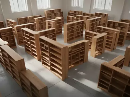 Ein minimalistischer Archivraum mit leeren Holzregalen und langgezogenen Schatten auf dem Betonboden. - Foto: über boerse-global.de
