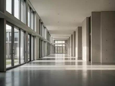 Moderner, leerer Flur in einem Behördengebäude mit einfallendem Tageslicht. - Foto: über boerse-global.de