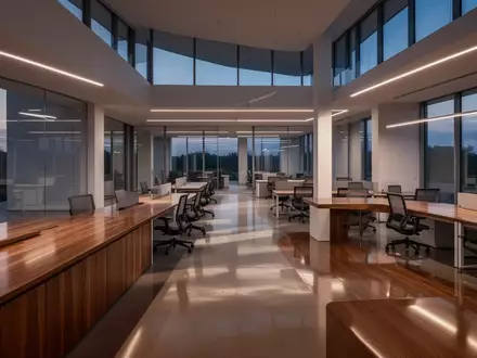 Ein minimalistischer, moderner Büroraum mit klaren architektonischen Linien und sanfter Beleuchtung in der Dämmerung. - Foto: über boerse-global.de