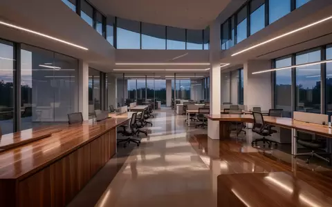 Ein minimalistischer, moderner Büroraum mit klaren architektonischen Linien und sanfter Beleuchtung in der Dämmerung. - Foto: über boerse-global.de