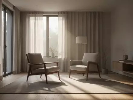 Ein ruhiges, modern eingerichtetes Wohnzimmer mit einem leeren Sessel vor einem Fenster bei natürlichem Morgenlicht. - Foto: über boerse-global.de