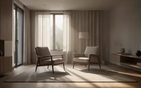 Ein ruhiges, modern eingerichtetes Wohnzimmer mit einem leeren Sessel vor einem Fenster bei natürlichem Morgenlicht. - Foto: über boerse-global.de