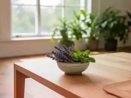 Ein heller, minimalistischer Raum mit frischen Kräutern und Heilpflanzen in einer Schale, der eine ruhige Atmosphäre vermittelt. - Foto: über boerse-global.de