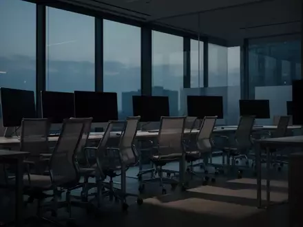 Ein unbesetzter, ruhig wirkender moderner Büroarbeitsplatz in der Dämmerung mit leeren Stühlen und ausgeschalteten Monitoren. - Foto: über boerse-global.de
