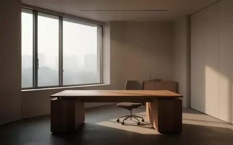 Ein ruhiger, leerer Büroarbeitsplatz in der Morgensonne mit minimalistischem Design und weichem Lichteinfall. - Foto: über boerse-global.de