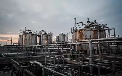 Industrielle Kläranlage mit großen Metalltanks und Rohrleitungssystemen bei Dämmerung. - Foto: über boerse-global.de