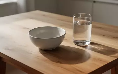 Ein schlichter Holztisch mit einer leeren Keramikschale und einem Glas Wasser in natürlichem Licht. - Foto: über boerse-global.de