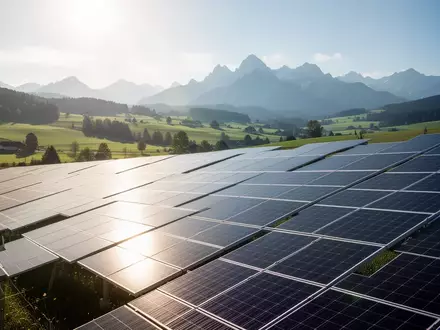 Weitläufige Photovoltaik-Freiflächenanlage in einer hügeligen österreichischen Landschaft unter blauem Himmel. - Foto: über boerse-global.de