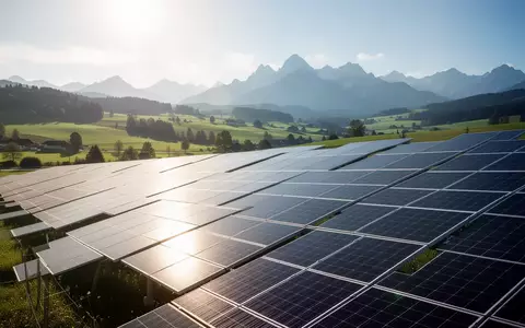 Weitläufige Photovoltaik-Freiflächenanlage in einer hügeligen österreichischen Landschaft unter blauem Himmel. - Foto: über boerse-global.de