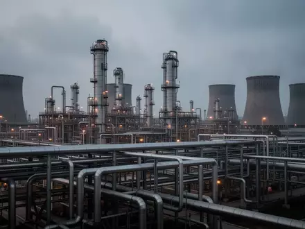 Industrielle Chemieanlagen mit weitläufigen Rohrsystemen und Destillationstürmen bei Dämmerung. - Foto: über boerse-global.de