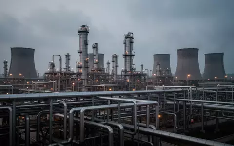 Industrielle Chemieanlagen mit weitläufigen Rohrsystemen und Destillationstürmen bei Dämmerung. - Foto: über boerse-global.de
