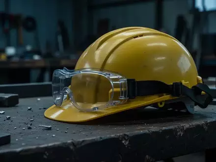 Symbolbild: Schutzhelm und Schutzbrille auf einer Werkbank - Foto: über boerse-global.de