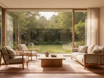 Ein heller, ruhiger Wohnraum mit natürlichem Licht und Blick in einen grünen Garten, der eine Atmosphäre der Geborgenheit vermittelt. - Foto: über boerse-global.de