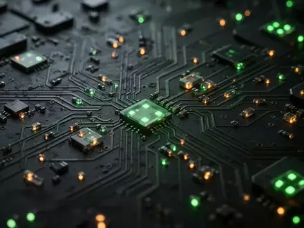 Abstrakte Nahaufnahme einer dunklen, technologischen Leiterplatte mit leuchtenden grünen und bernsteinfarbenen Mikro-LEDs. - Foto: über boerse-global.de