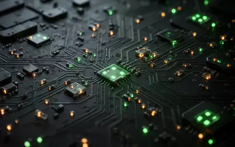Abstrakte Nahaufnahme einer dunklen, technologischen Leiterplatte mit leuchtenden grünen und bernsteinfarbenen Mikro-LEDs. - Foto: über boerse-global.de