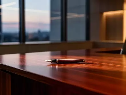 Ein minimalistischer Schreibtisch mit einem Füllfederhalter in einem hellen, ruhigen Büro bei Dämmerung. - Foto: über boerse-global.de