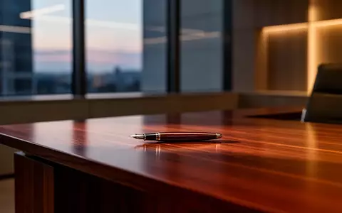 Ein minimalistischer Schreibtisch mit einem Füllfederhalter in einem hellen, ruhigen Büro bei Dämmerung. - Foto: über boerse-global.de