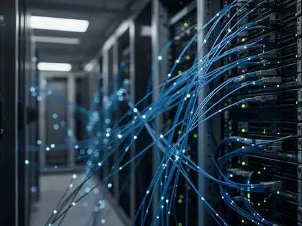 Dunkler Serverraum mit leuchtenden Glasfaserkabeln und unscharfen Server-Racks im Hintergrund. - Foto: über boerse-global.de