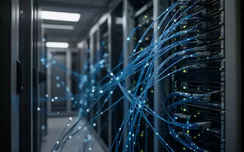 Dunkler Serverraum mit leuchtenden Glasfaserkabeln und unscharfen Server-Racks im Hintergrund. - Foto: über boerse-global.de