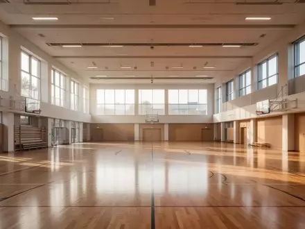Leere, lichtdurchflutete Sporthalle einer Universität mit poliertem Holzboden und großen Fensterfronten. - Foto: über boerse-global.de