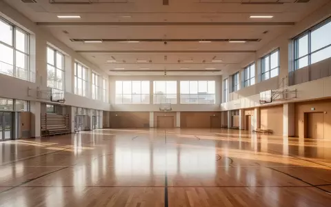 Leere, lichtdurchflutete Sporthalle einer Universität mit poliertem Holzboden und großen Fensterfronten. - Foto: über boerse-global.de