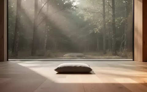 Ein minimalistischer, lichtdurchfluteter Raum mit einem Meditationskissen auf einem Holzboden vor einem Waldhintergrund. - Foto: über boerse-global.de