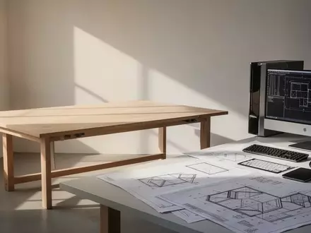 Ein minimalistisches Architekturbüro mit einem leeren Zeichentisch und technischen Bauplänen in einem hellen Raum. - Foto: über boerse-global.de