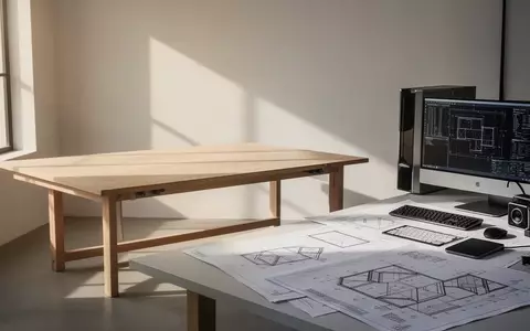 Ein minimalistisches Architekturbüro mit einem leeren Zeichentisch und technischen Bauplänen in einem hellen Raum. - Foto: über boerse-global.de