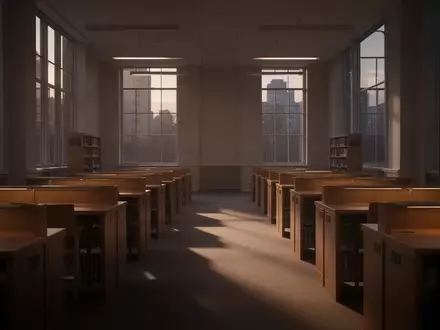 Ein leerer, ruhiger Lernbereich in einer Universitätsbibliothek mit Holztischen in der Dämmerung. - Foto: über boerse-global.de