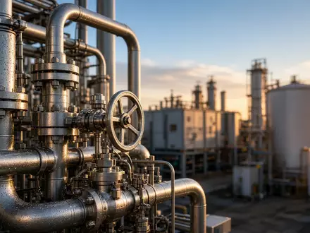 Moderne Industrieanlage zur Wasserstoffproduktion mit glänzenden Rohren und Speichertanks bei Sonnenuntergang. - Foto: über boerse-global.de