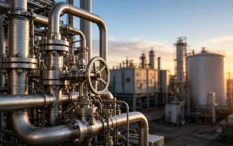 Moderne Industrieanlage zur Wasserstoffproduktion mit glänzenden Rohren und Speichertanks bei Sonnenuntergang. - Foto: über boerse-global.de