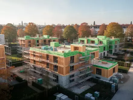 Unfertige moderne Wohngebäude in einem Münchner Neubauviertel während der Bauphase mit Gerüsten und grüner Umgebung. - Foto: über boerse-global.de