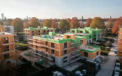 Unfertige moderne Wohngebäude in einem Münchner Neubauviertel während der Bauphase mit Gerüsten und grüner Umgebung. - Foto: über boerse-global.de