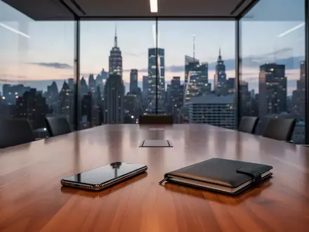 Ein minimalistischer Konferenzraum mit Blick auf eine Finanzmetropole bei Dämmerung. - Foto: über boerse-global.de