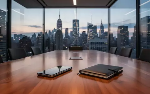 Ein minimalistischer Konferenzraum mit Blick auf eine Finanzmetropole bei Dämmerung. - Foto: über boerse-global.de